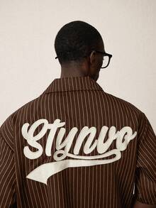 STYNVO 男士休闲条纹字母刺绣衬衫，夏季 - 咖啡棕 - 查看 5