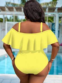 Slaydiva Traje de baño de una pieza con hombros descubiertos y unicolor para tallas grandes - Amarillo - Ver 2