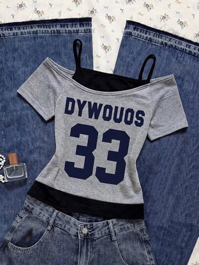 SHEIN Áo thun nữ kiểu dáng thường ngày 2 trong 1, thiết kế đường phố, in chữ và hình xe hơi, tay ngắn, thích hợp cho các hoạt động giải trí mùa hè, mua sắm và chụp ảnh.