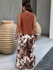SHEIN LUNE Plus Size Summer Casual Sleeveless Ruffled Crop Top And Wide Leg Pants 2 Pieces Set - Burgundy - View 2