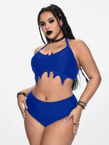 ROMWE Plus Size Gothic Bat Inspired Adjustable Strap Tankini Swimwear 2 Pieces Set - Blue - View 4