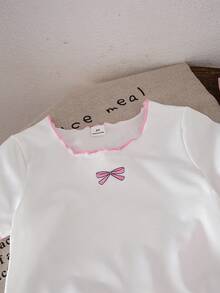 SHEIN Elladie kids 女童蝴蝶结印花短袖T恤和格子裤套装 - 粉色 - 查看 7