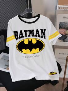 BATMAN X SHEIN 青少年男童圆领短袖休闲T恤， - 白色 - 查看 1