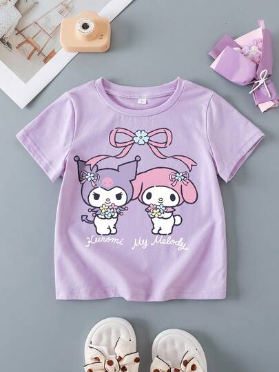 HELLO KITTY AND FRIENDS | SHEIN 女童休闲字母卡通图案圆领短袖T恤，适合夏季穿着