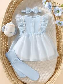 SHEIN Summer New Born Baby Fashionable Princess Bodysuit Dress, Cute Infant Girl Outfit Christening Outfit For Baby Girl Ootd For Baby Girl 0 To 12months Baby Baptism Dress Newborn Baby Girl Dresses Photoshoot Outfit For Baby - Baby Blue - View 2