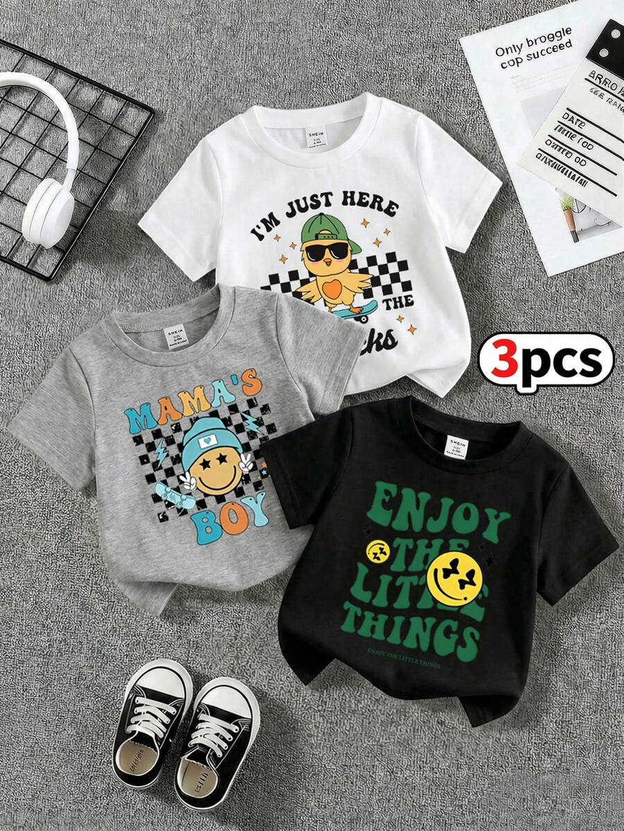 SHEIN Playful Pals 嬰兒中性 3件組 T恤套裝 白色夏季休閒可愛 職業日 開學季 英文字母印花 柔軟圓領短袖T恤 經典格紋 - 彩色 - 查看 1