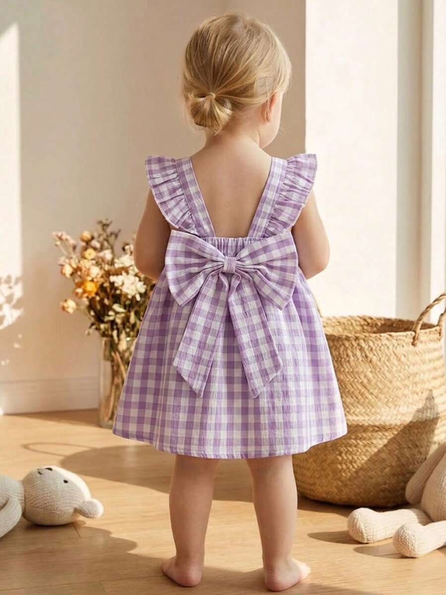 SHEIN Baby Girls' Casual Cute Plaid Bow Ruffle Hem Dress, Suitable For Spring/Summer Outings, Vacations, Parties, Birthdays And Daily Wear - Purple - View 1