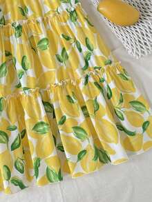 SHEIN 少女休闲乡村柠檬印花拼接裙 - 黃色 - 查看 3