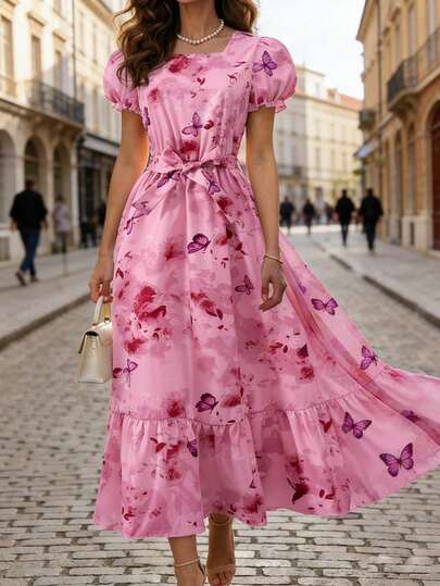 Summer Outfits Teen Girl Square Neck, Puff Sleeve, Cinched Waist Butterfly & Floral Print Summer Dress, Suitable For Beach And Countryside Holidays Pink Butterfly Dress Pink Floral Dress Pink Dress Squishy Dress Summer Dress