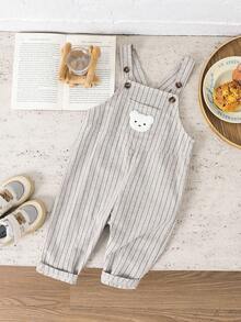 SHEIN Bộ yếm ăn bằng vải denim kẻ sọc họa tiết gấu hoạt hình dễ thương, đa năng dành cho bé trai, thích hợp cho các chuyến đi chơi và họp mặt gia đình, hoàn hảo cho mùa xuân và mùa hè. - Nhiều màu - Xem 5