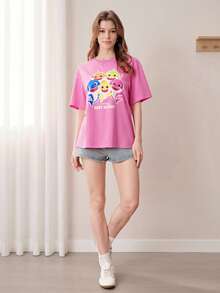 BABY SHARK X SHEIN Áo thun nữ tay ngắn cổ tròn in hình hoạt hình, kiểu dáng thường ngày. - Màu Hồng Tươi - Xem 5