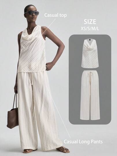 Ontre 2026SS New 2-Piece Striped Fabric Women's Suit, Sleeveless Blouse And Wide-Leg Pants, Loose Collar, Vacation Style, Apricot Stripe 2-Piece Set, A-Line Sleeveless Design, Simple Elegant Urban Chic, Commute, Teacher, Summer Holiday, Beach, Wedding Guest, Party, Romantic Date, Comfortable Fabric, Loose Fit, Fashionable Bestseller Women's 2-Piece Set