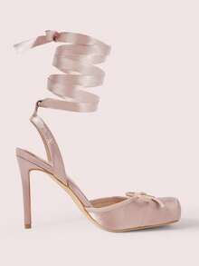 CUCCOO DOLLMOD 女士肉粉色优雅甜美可爱百搭约会装生日派对装蝴蝶结装饰方头芭蕾舞鞋细高跟鞋 - 藕粉色 - 查看 6