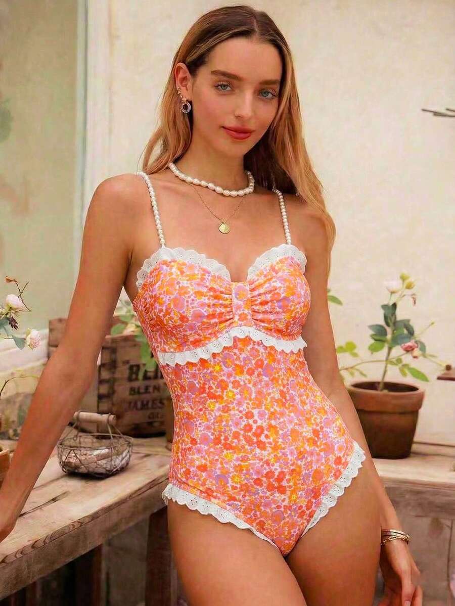 Swim Mod Bộ áo tắm liền quần in hoa đính ngọc trai giả dành cho nữ, thích hợp cho kỳ nghỉ. - Hồng - Xem 1