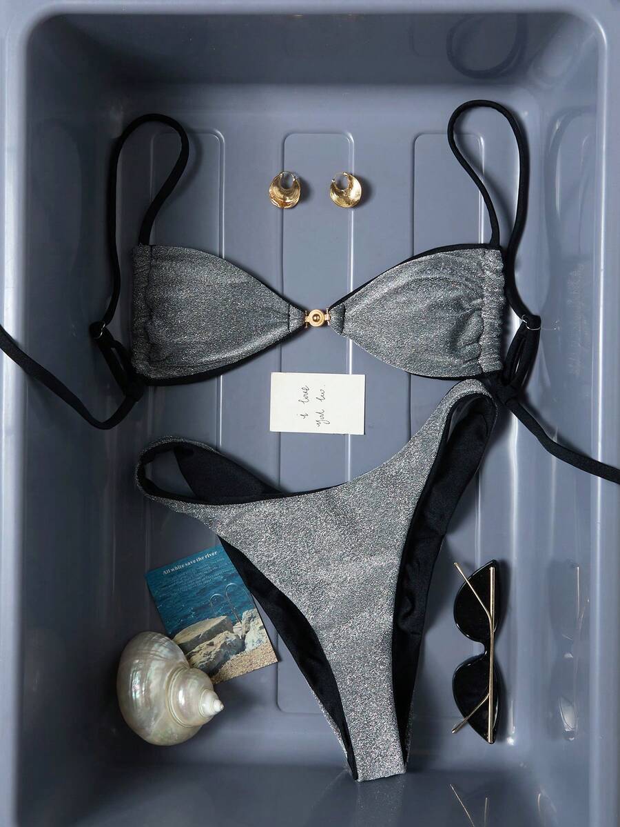 Swim Chiccia 女士休闲度假藏蓝色特殊面料比基尼两件式泳衣 - 黑色 - 查看 1