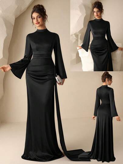 Coutiva Đầm dạ hội trang trọng màu trơn thanh lịch dành cho nữ, tay áo xòe, eo thắt, thích hợp cho mùa xuân/thu.