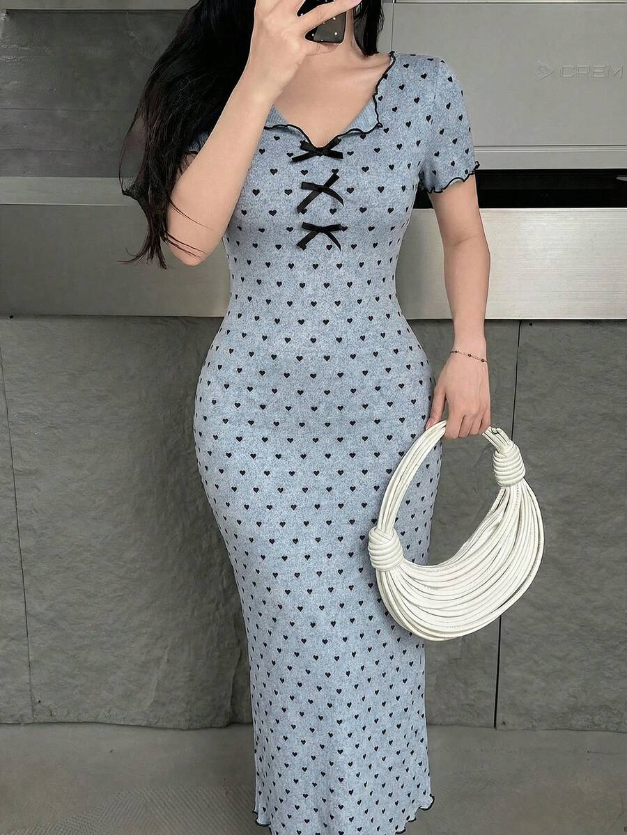 Feyla 女士蝴蝶结装饰爱心印花修身中长连衣裙