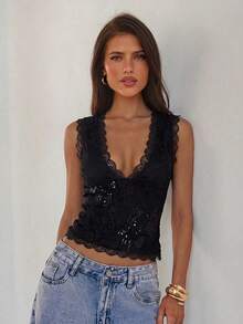 Aloruh Áo tank top nữ màu nâu ren cổ chữ V không tay đính cườm và thêu - màu đen - Xem 1