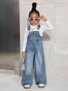 SHEIN 女童休闲牛仔连体裤，带口袋，适合日常穿着 - 淺色水洗藍 - 查看 5