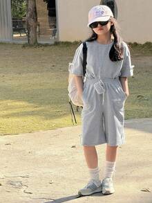 Dazy Kids Tween 女童拼色条纹短袖上衣和短裤 2 件套 - 灰色 - 查看 5
