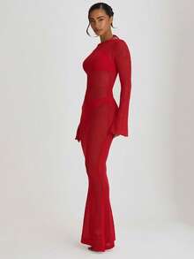 Musera Resort Maxi Scoop Back针织罩衫连衣裙 泳装 度假 夏季旅行 沙滩装 基本款 纯色 度假风 - 紅色 - 查看 3