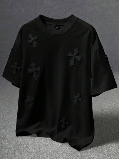 STYNVO 男士加大码街头风流行INS风十字架全印花毛巾刺绣T恤，日常穿着，男友/老公礼物，周年纪念礼物，白色T恤图案T恤，男士黑色T恤，男士针织十字架衬衫，男士黑色图案T恤