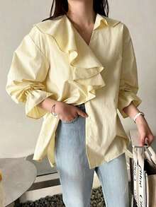 INAWLY Elegant V-Neck Ruffle Patchwork Loose Blouse - Yellow - View 5