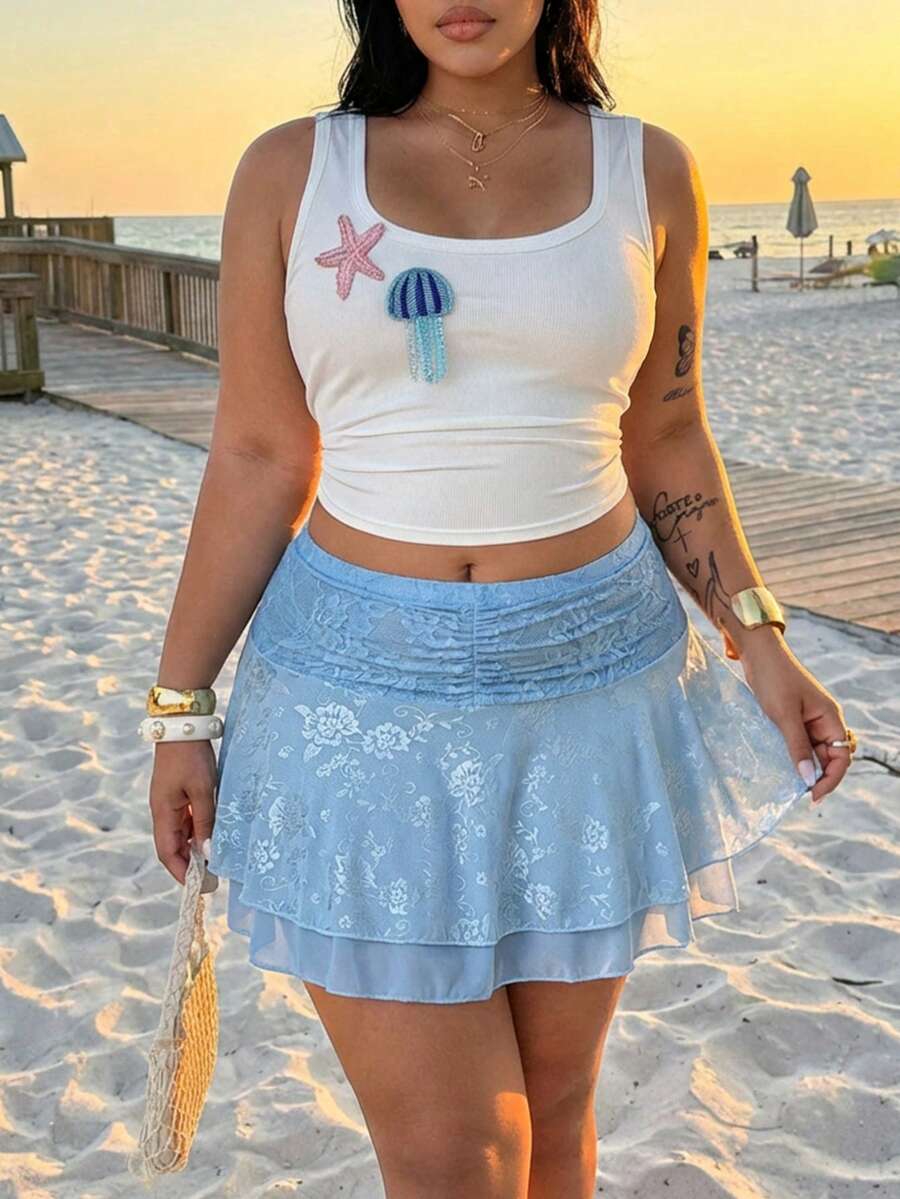 Rustia Plus Size Women Lace Ruffle Fashionable Versatile Date Night/Outing Mini Skirt - Blue - View 1