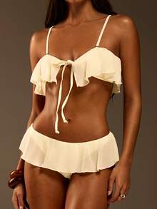 Athîral Bộ đồ bơi hai mảnh bằng vải chiffon màu mơ dành cho nữ, kiểu dáng thư giãn và thoải mái, thích hợp cho kỳ nghỉ. - Màu be - Xem 6