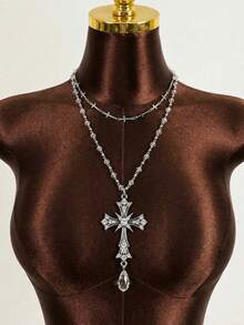 Rovax 1 件复古朋克银十字架吊坠项链，双层水晶珠长锁骨链，适合女士 - 銀色 - 查看 3