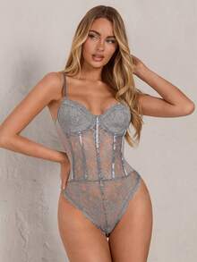 Glamine 女士时尚法式蕾丝连体衣 - 灰色 - 查看 5