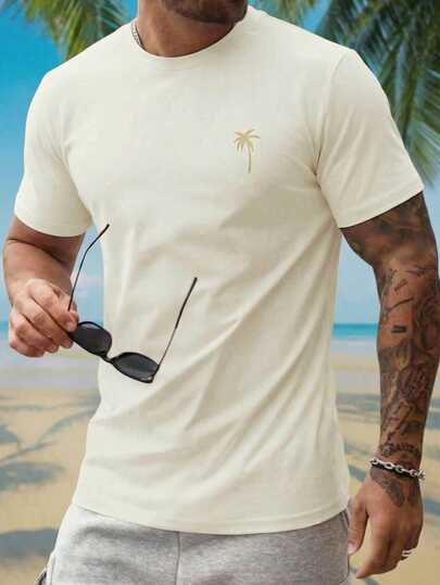 HIMLAND 男士轻薄夏季沙滩度假针织休闲椰树印花圆领短袖卡其色T恤，适合父亲节、母亲节、节假日穿着