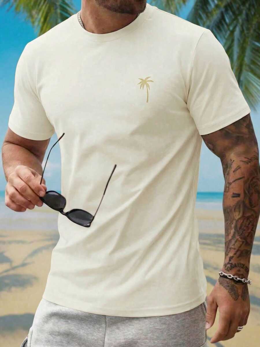 HIMLAND Áo thun nam mỏng nhẹ, chất liệu kaki, cổ tròn, tay ngắn, in hình cây dừa, thích hợp cho kỳ nghỉ hè ở bãi biển, làm quà tặng Ngày của Cha, Ngày của Mẹ và các ngày lễ. - Màu Khaki - Xem 1