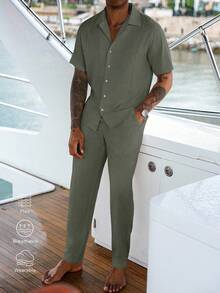 VENTUSAIL 男士休闲纯色衬衫和裤子套装 - 綠色 - 查看 4