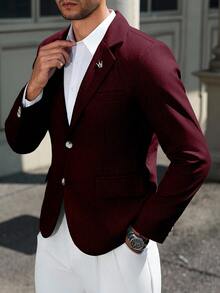 Manfinity Mode Men's Solid Color Minimalist Casual Long Sleeve Blazer - Burgundy - View 3