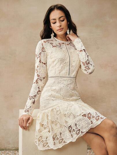 Anewsta New Arrival Women's Spring/Summer Elegant Lace Embroidered Long Sleeve Apricot Dress