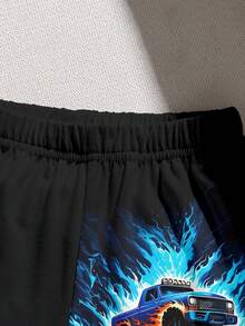 2pcs Set Young Boys Off-Road Vehicle Graphic Print Black T-Shirt And Shorts,Summer Fashionable Casual Comfortable Round Neck Short Sleeve Outfit - Black - View 4