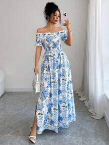 Elenzga Đầm nữ thanh lịch, thời trang, thoải mái, quyến rũ, cổ điển, tối giản, cao cấp, lãng mạn, thích hợp cho kỳ nghỉ, có bèo nhún, lệch vai, thắt eo, dáng chữ A, in hoa (Họa tiết ngẫu nhiên) - Màu xanh lam - Xem 6