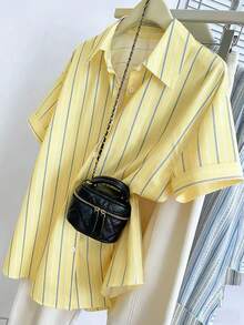 Resyla Women's Casual Striped Print Short Sleeve Shirt, Summer - Yellow - View 4