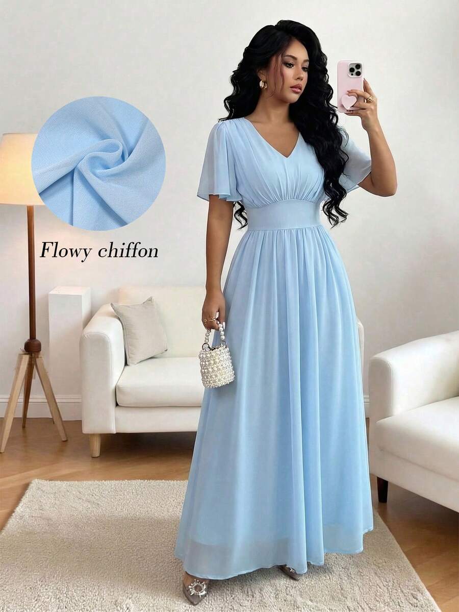 Elenzga 女士夏季浅蓝色雪纺V领褶皱荷叶袖连衣裙，轻盈优雅的法式飘逸长裙，适合约会和聚会 - 藍色 - 查看 1