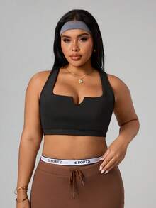 SHEIN Sports Plus Size Women Solid Color Backless Sports Bra,Curve Activewear Gym Tops For Women,Black Summer Athletic Pilates Bra - Black - View 3