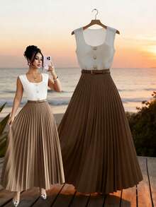 GlowEve Conjunto elegante de 2 piezas con blusa sin mangas de cuello cuadrado blanca y falda plisada marrón para mujer - Multicolor - Ver 7