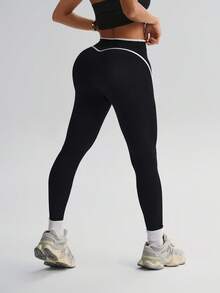 With My Calm Quần legging thể thao yoga không đường may/Sọc tương phản bên hông/Kiểu dáng ôm sát/Yoga thể dục/Thể thao ngoài trời/Chạy bộ/Đạp xe/ - màu đen - Xem 6