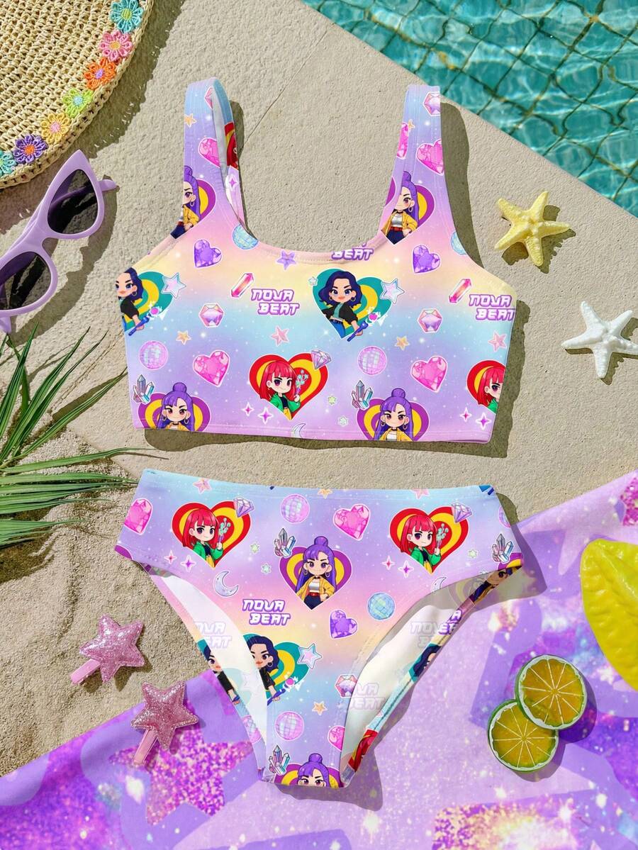 Cartoon Girl , Vibrant Purple, Cartoon Girl Group Swimwear Print Pattern, Tween Girl Casual Minimalist Camisole & Triangle Bikini Swimwear Set, Suitable For Summer - Multicolor - View 1