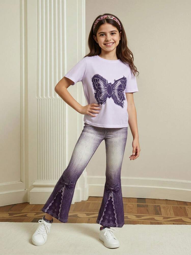 SHEIN Tween Girl Butterfly Print Short Sleeve T-Shirt And Flare Pants Casual 2 Pieces Set - Purple - View 2