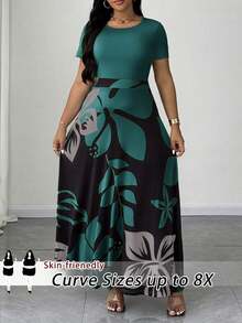 SHEIN CURVE+ 大码女式印花圆领修身短袖优雅长连衣裙，适合外出、办公、通勤、日常休闲穿着、约会以及春夏季节穿着。 - 水鴨藍 - 查看 1