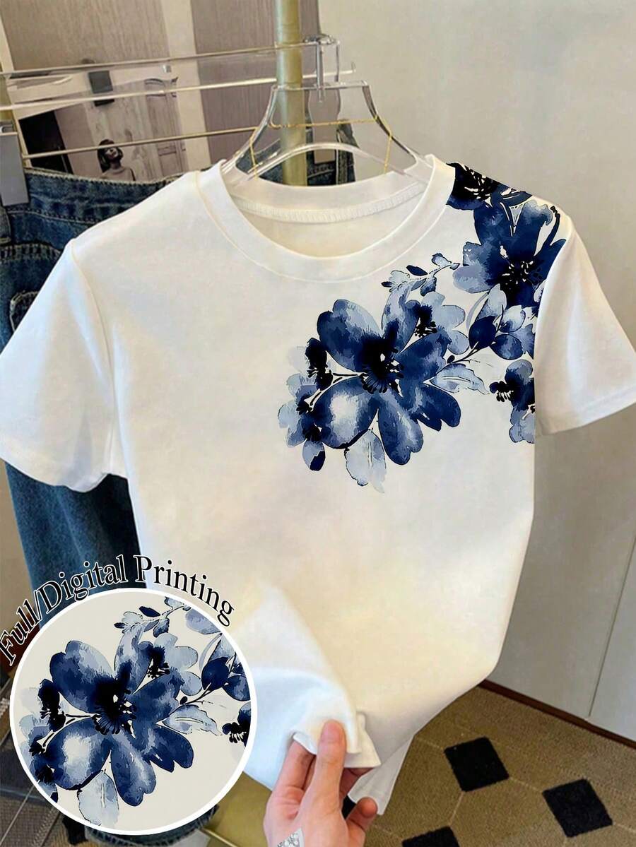 Áo thun ngắn tay cổ tròn màu trắng cho bé gái, áo thun ngắn tay in họa tiết hoa toàn thân màu xanh dương, áo kiểu dáng ôm sát thoải mái cho các bạn nữ tuổi teen, thích hợp cho kỳ nghỉ, mặc hàng ngày, thoải mái và đa năng, họa tiết hoa cho mùa xuân, hè, thu, đông. - trắng - Xem 1