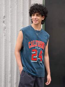 Open Phase 男士水洗“篮球风格 - 篮球传奇 24”做旧无袖背心，复古美式，男女皆宜，宽松版型夏季服装 - 适合日常穿着和夏季度假服装。 - 藍色 - 查看 3