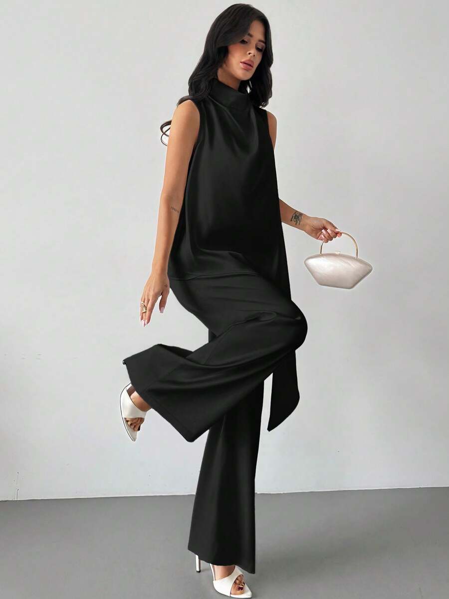 Firerie Conjunto de blusa holgada de cuello plisado sin mangas de satén blanco con bajo asimétrico y pantalones rectos relajados - Conjunto elegante y casual, atuendo apropiado para maestras - Negro - Ver 1