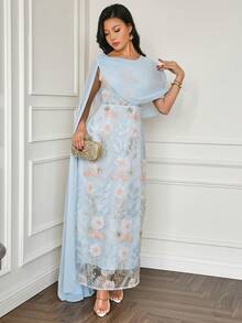 Islaluna 女士花卉贴花圆领优雅披肩袖连衣裙 - 藍色 - 查看 4